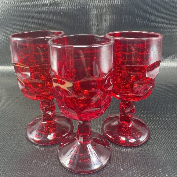 Viking Ruby Red Georgian Pressed Footed Goblets Cups Barware Stemware Set 3 VTG - Picture 1 of 11